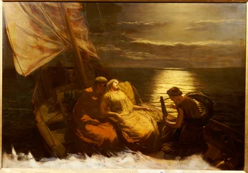 De ontsnapping van Glaucus en Ione, met het blinde meisje Nydia, uit Pompeii, 1860