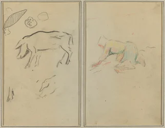 Een varken; Bretonse boer knielend [verso]