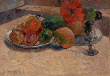 Frans:  Nature morte aux mangos et à la fleur d