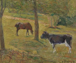 Frans: Vache et cheval dans un pré Koe en paard in een wei