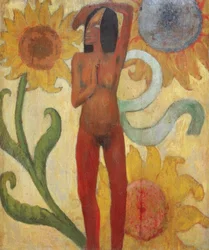 Naakte vrouwenfiguur met zonnebloemen (of Caribische vrouw)