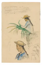 Schetsen van figuren, pandanusblad en vanilleplant