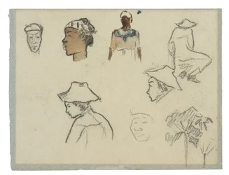 Schetsen van figuren en gebladerte (recto); Profiel van Charles Laval met palmboom en andere schetsen (verso)