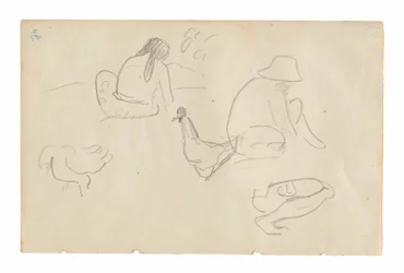Schetsen van zittende figuren en kippen (recto), Naakte vrouwelijke torso (gerelateerd aan het schilderij Te a no areois [Het zaad van de Areoi]) (verso), uit het Carnet de Tahiti (Tahitiaans schetsboek)