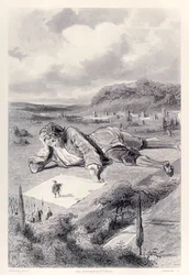 Gulliver heeft een audiëntie bij de keizer van Lilliput, uit de Franse editie van Gullivers Reizen door Jonathan Swift