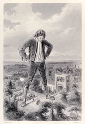 Het Lilliputische leger marcheert tussen de benen van Gulliver, uit de Franse editie van Gullivers Reizen door Jonathan Swift