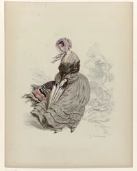 Vrouw, lopend in de wind, met parasol, 1840