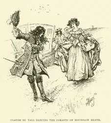 Claude du Vall danst de Coranto op Hounslow Heath (gravure)