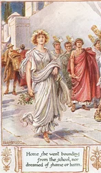 Thuis ging ze, springend van school en droomde niet van schaamte of schade, illustratie uit 