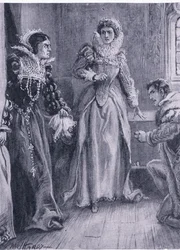 Koningin Mary Elizabeth en Courtenay Ik zal die vraag beantwoorden riep Mary terwijl ze de Arras opzij schoof, illustratie uit De Wereldbibliotheek van Beste Boeken, ca. 1940