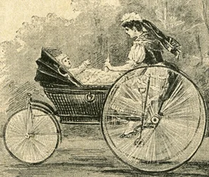 Kinder-Waerterin (kindermeisje), illustratie door Paul Heydel, een kinderwagen gaat als een fiets, uit het tijdschrift Ueber Land und Meer. Deutsche Illustrirte Zeitung