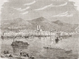 Montreal in de jaren 1860, gegraveerd door Auguste Trichon (geb.1814)