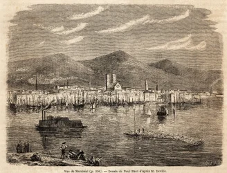 Zicht op Montreal, tekening door Paul Huet (1803-1869), ter illustratie van de reizen naar Noord-Amerika in 1854-1855, door L. Deville. Gravure in 