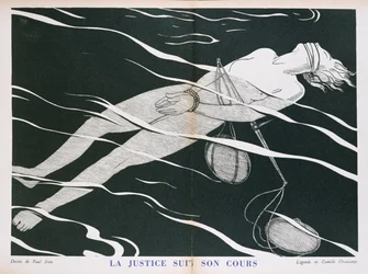’Het recht gaat zijn gang’, karikatuur van het rechtssysteem, uit ’Laten we Frans spreken’, uitgegeven door Floury, 1934