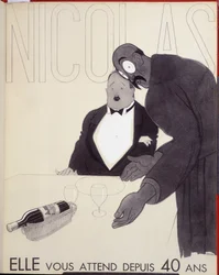 Ze wacht al 40 jaar op je De ober van een restaurant spreekt een klant aan door een fles wijn te ontwerpen. - advertentie voor Nicolas, tekening door Paul Iribe