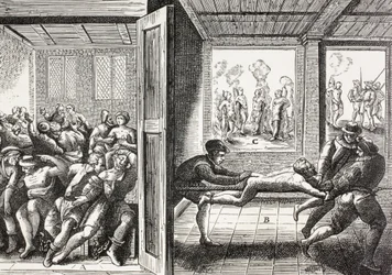 16e-eeuwse propaganda ter illustratie van het geweld van de Franse hugenoten tegen de katholieken in Zuid-Frankrijk.