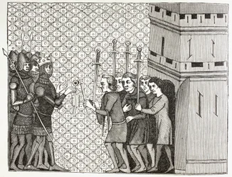 Na de inname van een stad in de 14e eeuw geeft het garnizoen zich over en geeft zich over aan de genade van hun ontvoerders. Naar een miniatuur uit de 14e eeuw in Histoire Du Monde.
