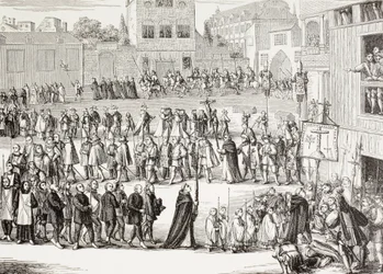 Een Auto-Da-Fe, of geloofsdaad, processie in Spanje. Naar een 15e-eeuwse gravure.