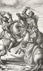 Ridderschap voorgesteld door allegorische figuren. Vechtende ridders te paard. Naar een 16e eeuwse koperplaat.