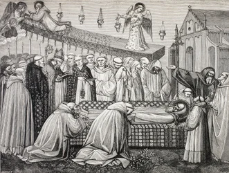 De dood van de heilige Benedictus van Nursia of San Benedetto Da Norcia, 480-547, in de abdij van Monte Cassino.