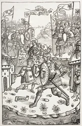 Koning Artus, of Arthur, beschermd door de Maagd, vechtend tegen een reus. Naar een houtsnede in Chroniques De Bretagne, door Alain Bouchard, uitgegeven in 1514.