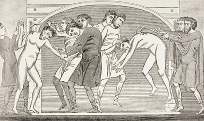 De heiligen Savin en Cyprianus worden met ijzeren haken uit hun lichaam gerukt. Naar een 11e-eeuws fresco in de kerk van St Savin, Vienne, Frankrijk.