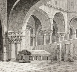 Graf van Godfried De Boullon, C 1060 - 1100, zoals het bestond in de kerk van het Heilig Graf, Jeruzalem. Het graf is nu vernietigd. Naar een tekening ter plaatse gemaakt in 1828.