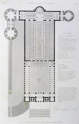 Herstelde indeling van de Oude Basiliek gebouwd door keizer Constantijn, gravure uit Vaticaan en Sint-Pietersbasiliek