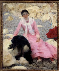 Portret van Fernande Mathey (1857-1941) op het strand
