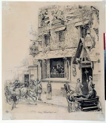 Zicht op de ingang van het Cabaret du Chat Noir