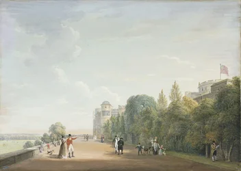 Windsor Castle: het noordterras kijkend naar het oosten, met elegante figuren, 1803
