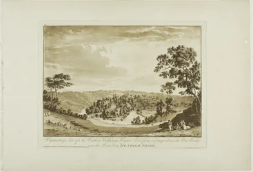 Wynnstay, zetel van Sir Watkin Williams Wynn Bart vanuit een cottage boven de nieuwe brug over de rivier Dee, Denbigh Shire