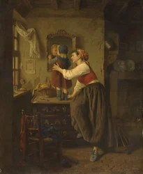 Vrouw en kind voor een spiegel, 1870s