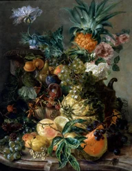 Stilleven van fruit en bloemen. Schilderij van Paul Theodor van Brussel (1754-1795) Privécollectie.