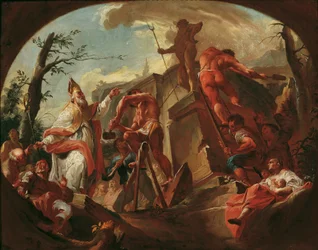 De heilige Cassianus van Imola stort het standbeeld van Pluto op Säben