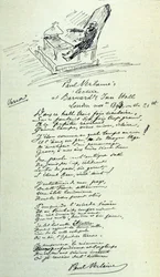Gedichtteken van de Franse dichter Paul Verlaine (1844-1896) met schets van de vertegenwoordiger tijdens een lezing. 21/11/1893