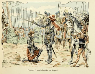 Illustratie uit het boek Histoire du chevalier Bayard door Theodore Cahu, geïllustreerd door Paul De Semant: Francois I, ridder geslagen door Bayard 1515