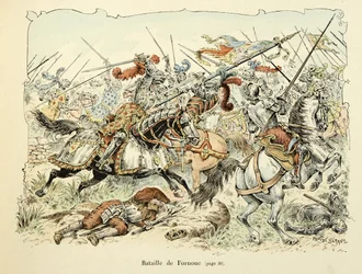 Illustratie uit het boek Histoire du chevalier Bayard door Theodore Cahu, geïllustreerd door Paul De Semant: Slag bij Fornoua 1495