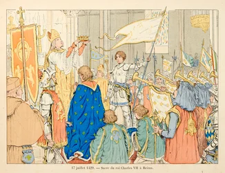 Illustratie uit het boek ‘Jeanne d’Arc’ van Théodore Cahu, geïllustreerd door Paul de Semant (1855-1915): kroning van koning Karel VII in Reims op 17 juli