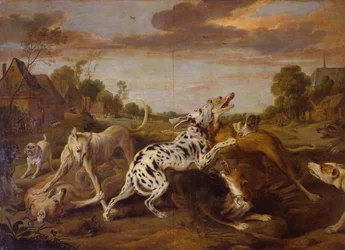 Vechtende honden in een dorpslandschap met daarachter een jachtpartij (olieverf op doek)