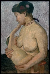 Moeder met kind aan de borst, halfnaakt