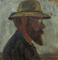 Otto Modersohn met strohoed in profiel naar rechts
