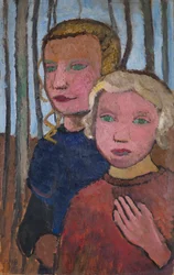 Twee meisjes voor berkenbomen