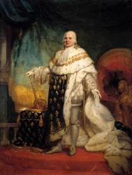 Ten voeten uit geschilderd portret van Lodewijk XVIII (1755-1824) in kroningsgewaad, 1824. Afmetingen: 2,69 x 2,04 m.