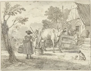 Boeren met een koe voor het huis