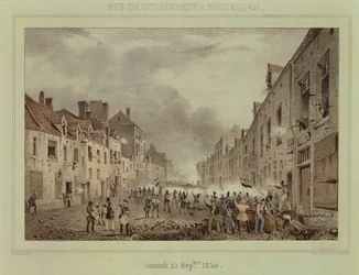 Gevechten in de Rue Schaerbeck, Brussel, zondag 25 september 1830, gegraveerd door Dewasme-Pletinckx