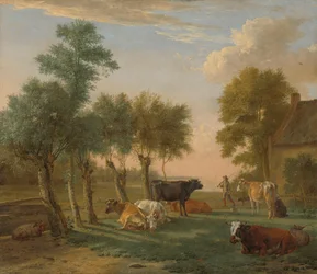 Koeien in een weiland bij een boerderij