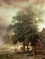 Landschap met koets of huis achter de bomen