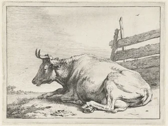 Liggende koe bij een hek (Het Bullenboekje)