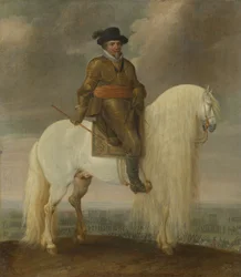 Prins Maurits gezeten op de witte strijdhengst hem geschonken na de overwinning bij de Slag bij Nieuwpoort.